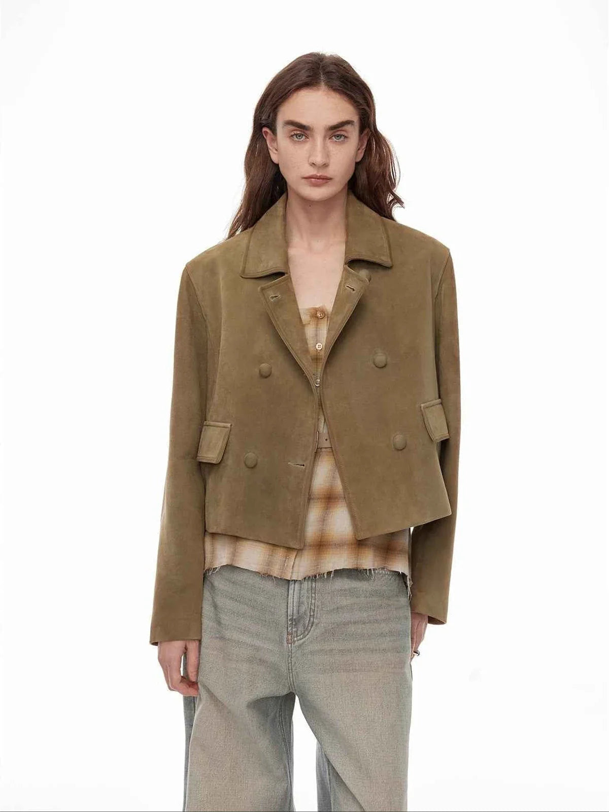 Nth power sand brown suede leather jacket front view