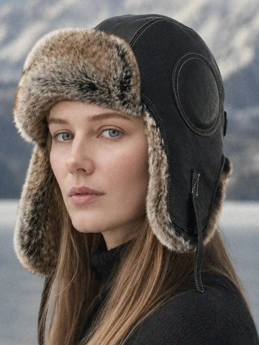 Unisex genuine leather aviator hat with fur lining in Black – styled on model | Firelady Fur