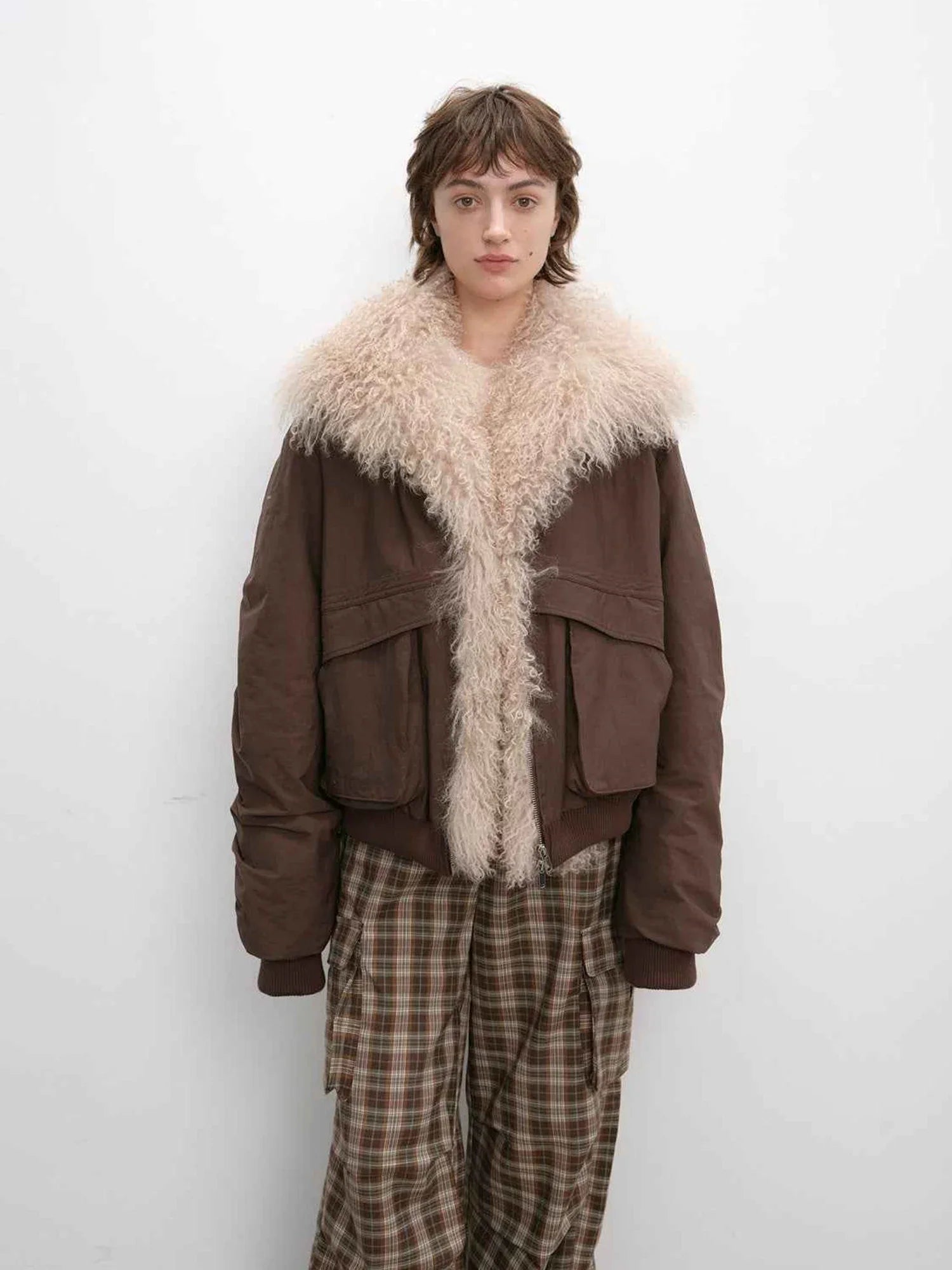 Brown Fireladyfur Winter is Coming waterproof down jacket with detachable fur collar on model