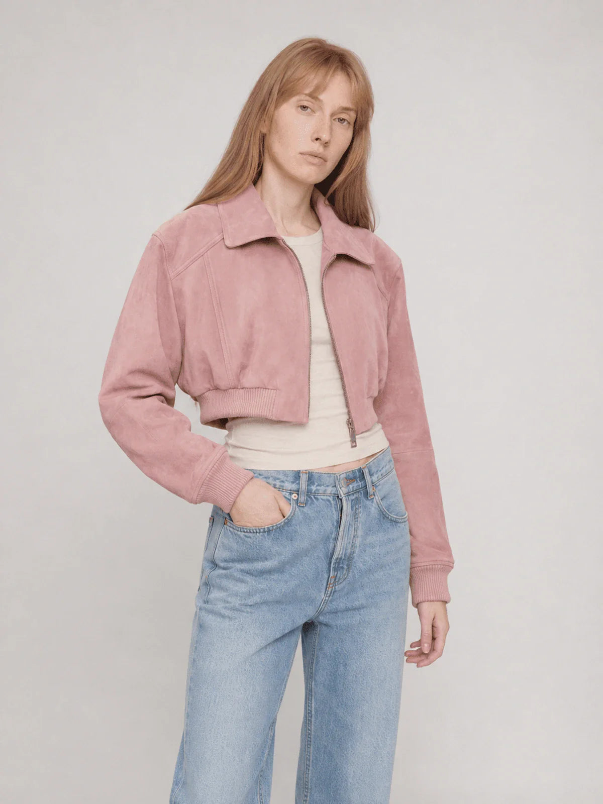 Witch Game leather pink suede jacket model view