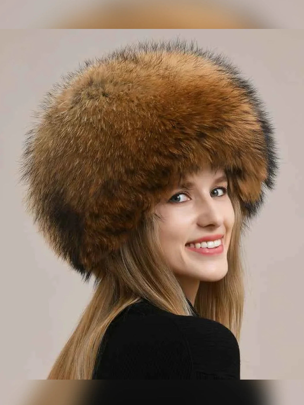 Women's fox fur hat with earmuffs in Coffee – styled on model | Firelady Fur