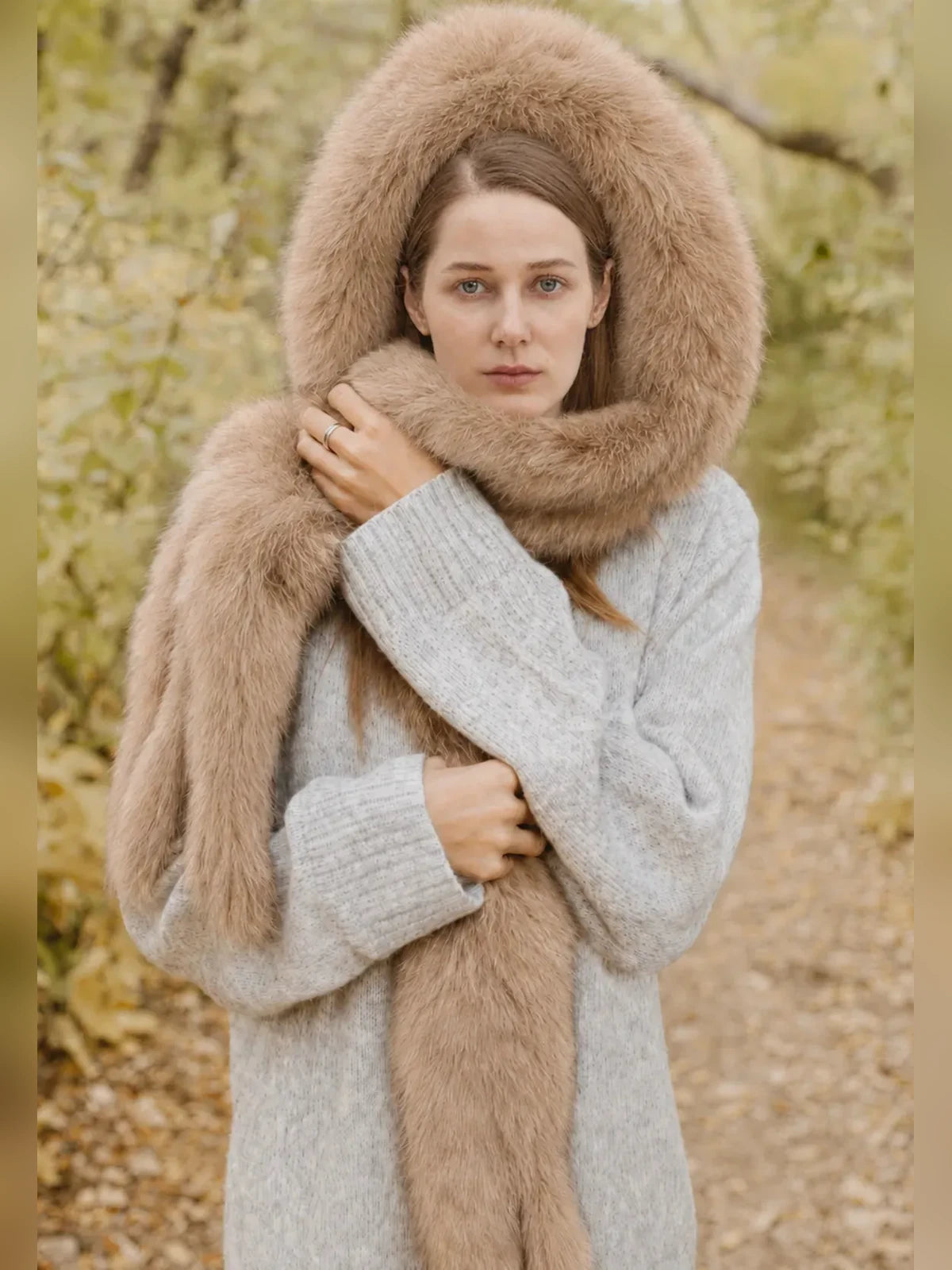 Women's fox fur hooded scarf in Brown – styled on model | Firelady Fur