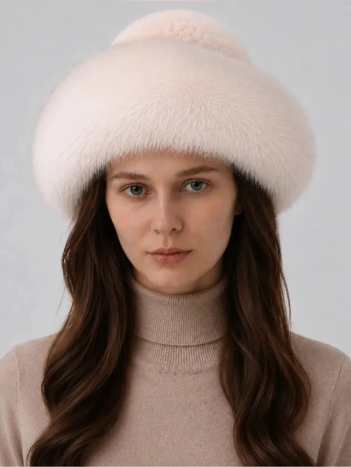 Women's mink and fox fur bucket hat in Silver Blue – styled on model | Firelady Fur