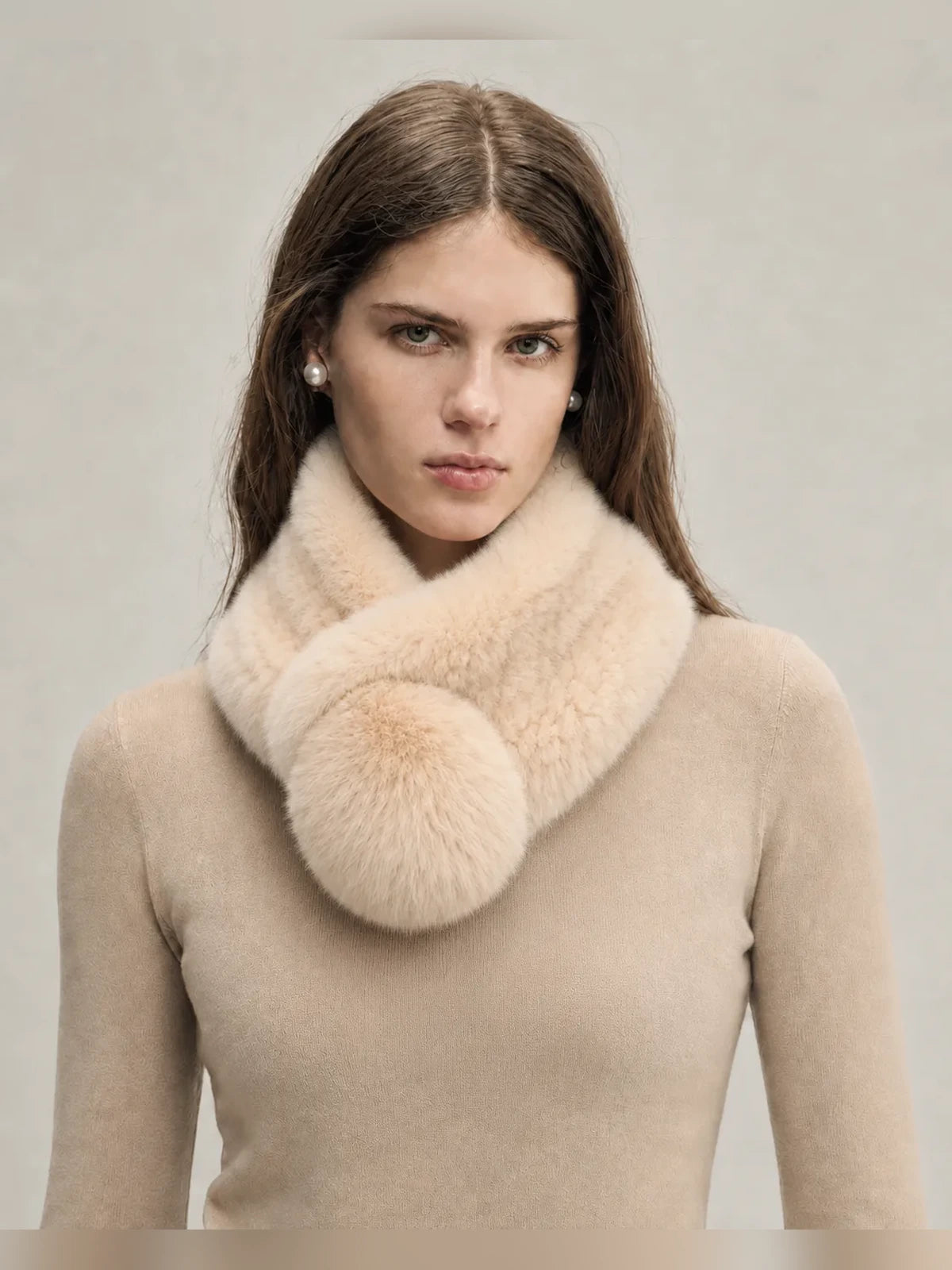 Women's mink and fox fur pom-pom scarf in Apricot – styled on model | Firelady Fur