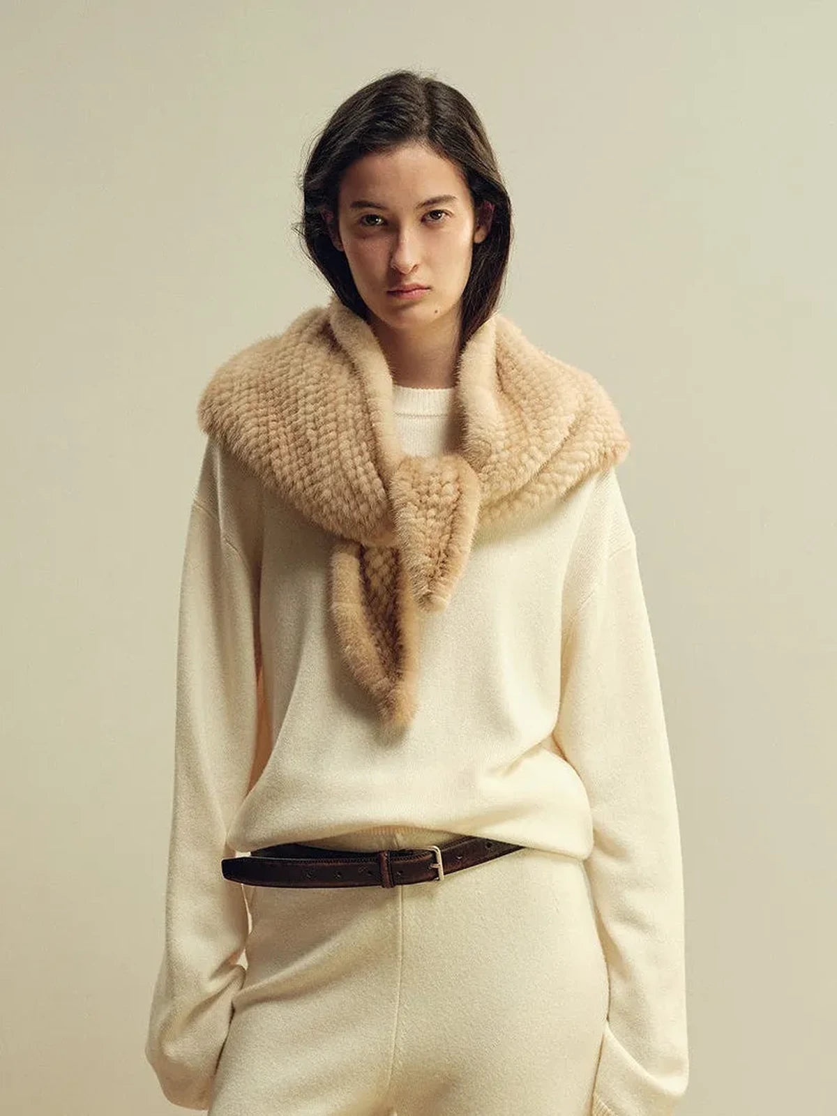 Women's mink fur triangle scarf in Beige – styled on model | Firelady Fur