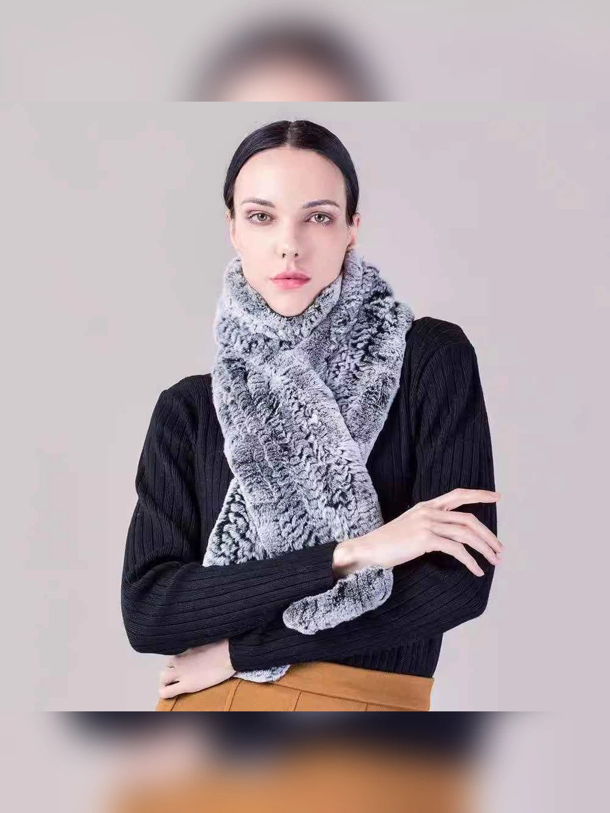 Women's Rex rabbit fur long scarf in Frost Black – styled on model | Firelady Fur