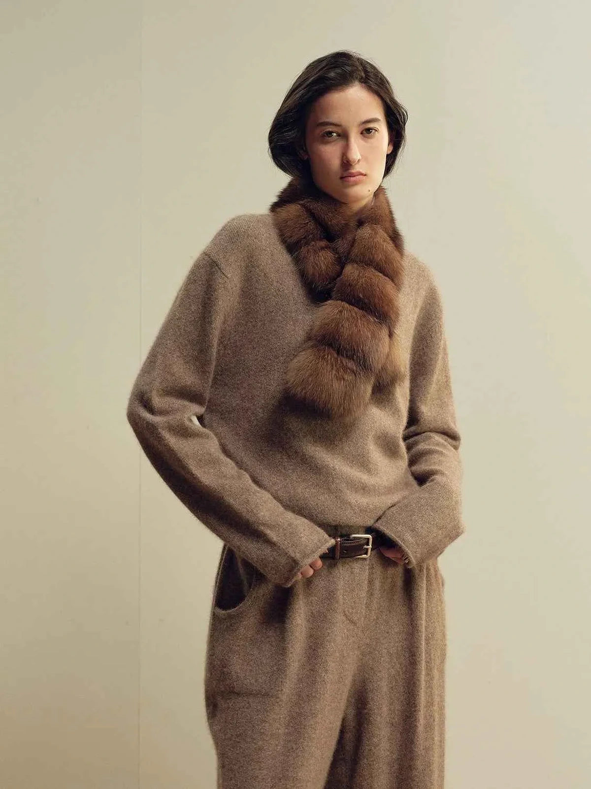 Women's ribbed mink fur scarf in Brown – styled on model | Firelady Fur