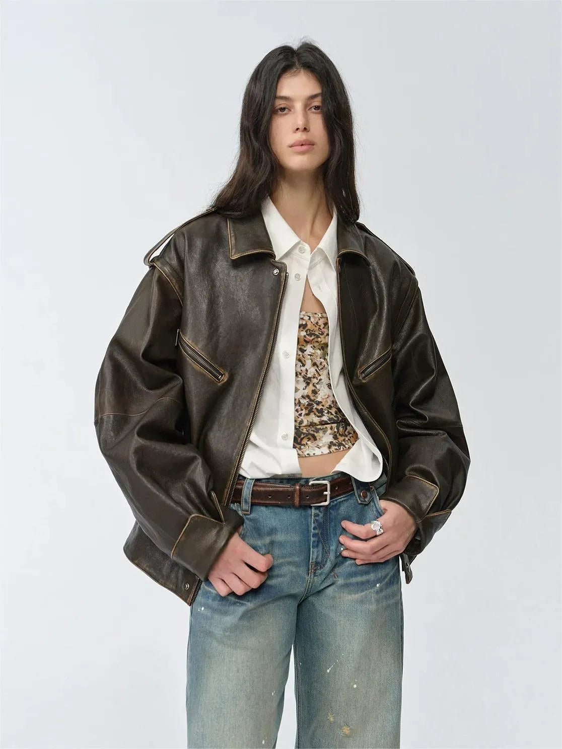 Fireladyfur Women's Two-Way Genuine Leather Jacket with Removable Sleeves"Barn Feelings"