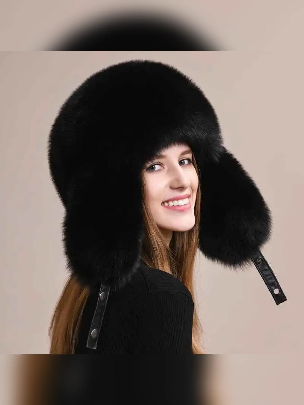 Women's fox fur trapper hat with earmuffs in Black – styled on model | Firelady Fur