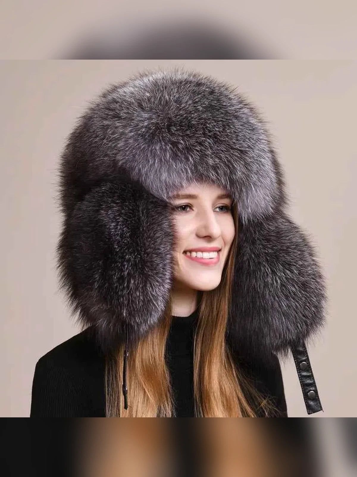 Women's fox fur trapper hat with earmuffs in Silver Blue – styled on model | Firelady Fur
