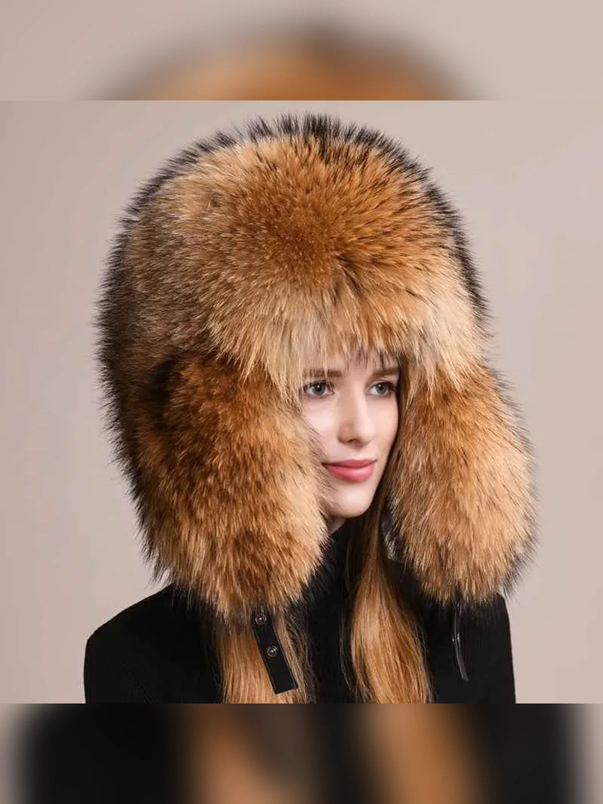 Women's fox fur trapper hat with earmuffs in Coffee – styled on model | Firelady Fur