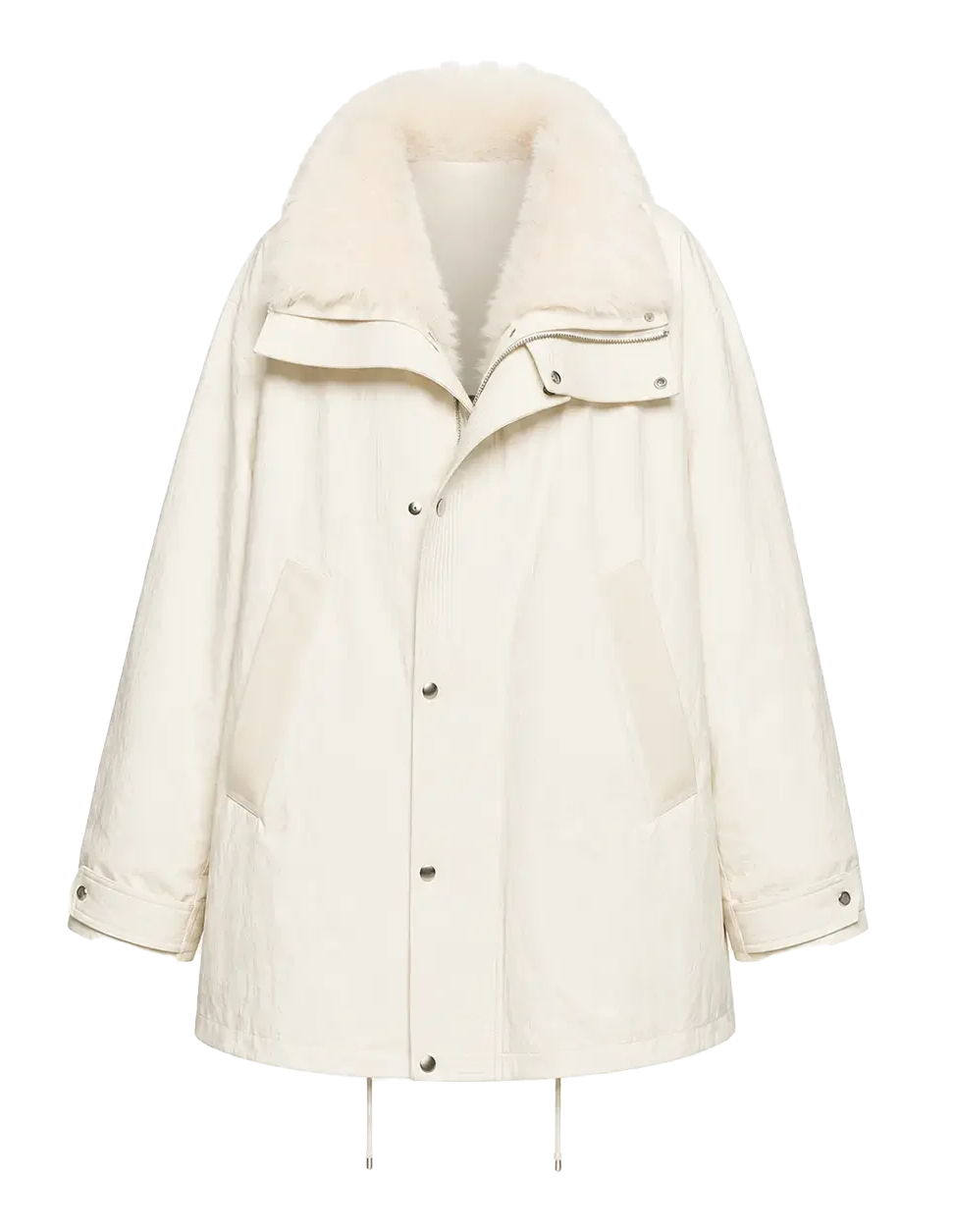 Firelady Fur Ode to the Stars white down parka front cutout with detachable Tokaj fur collar