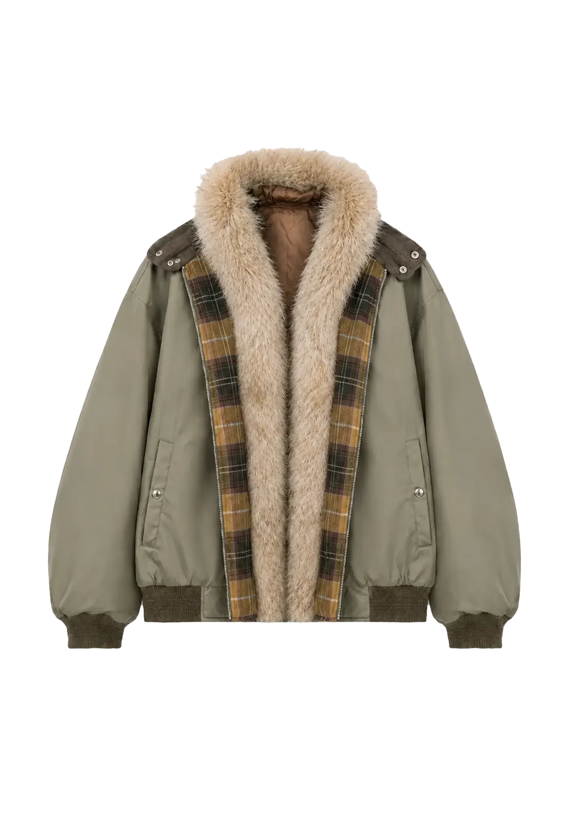 Firelady Fur Urban Warmth women's Grayish green lightweight parka with detachable wolf fur collar front cutout