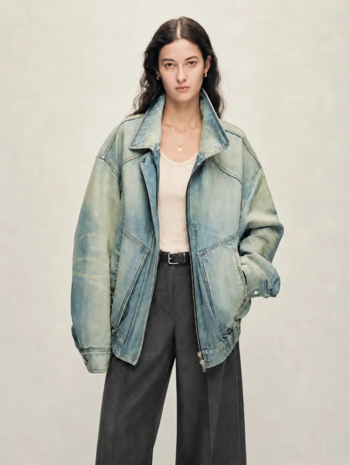 Firelady Fur Warm Mist Glass Blue denim parka with SAGAFURS fox fur collar open front model view