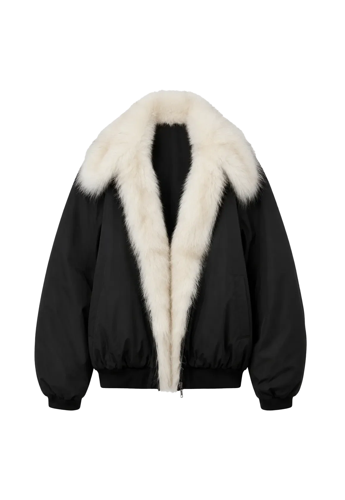 Fireladyfur Day and Night Rider black down jacket with contrasting fox fur collar front cutout