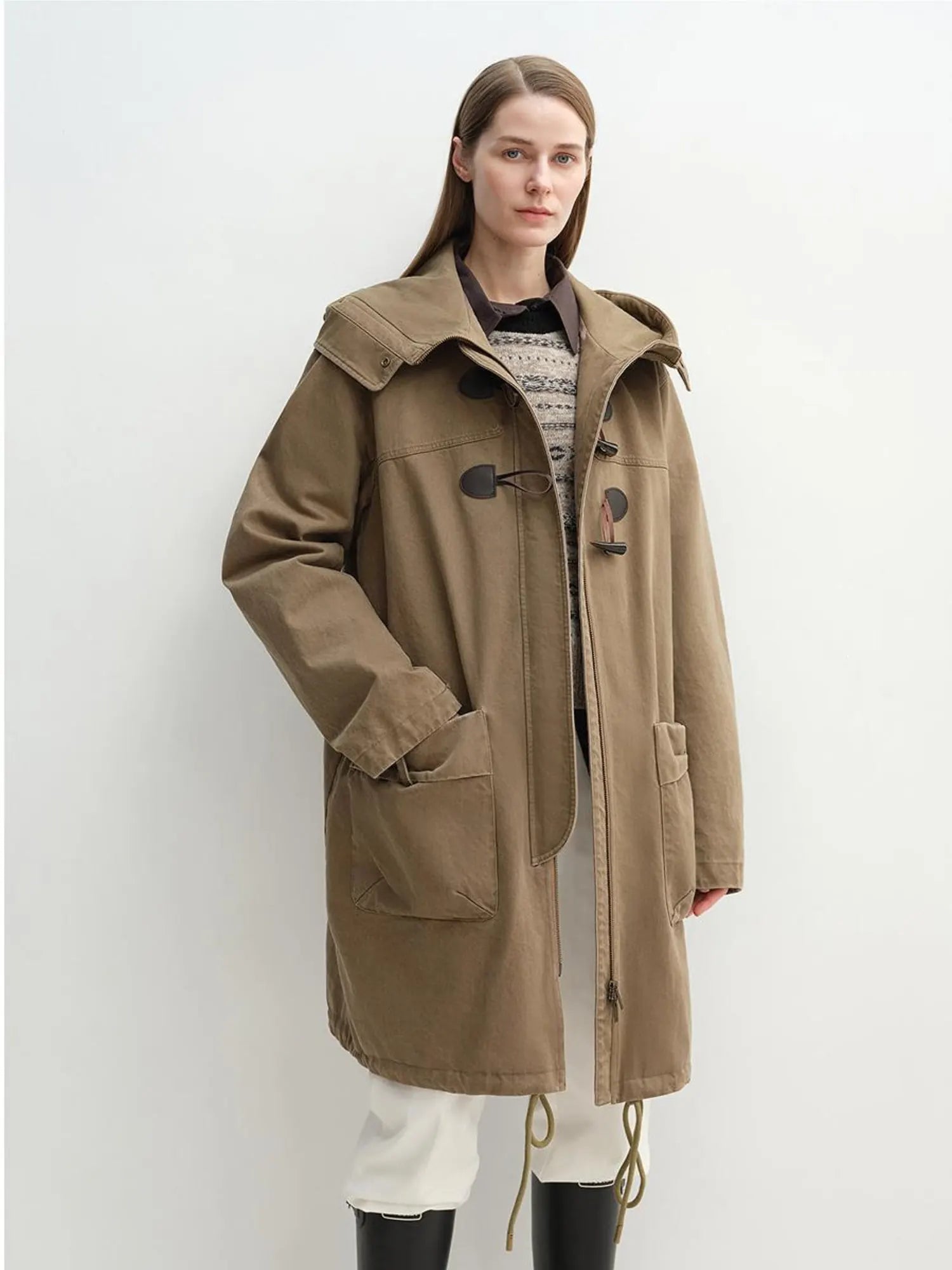 Letrans Muye Kingdom Yellowish Green down parka layered front view with detachable raccoon fur collar