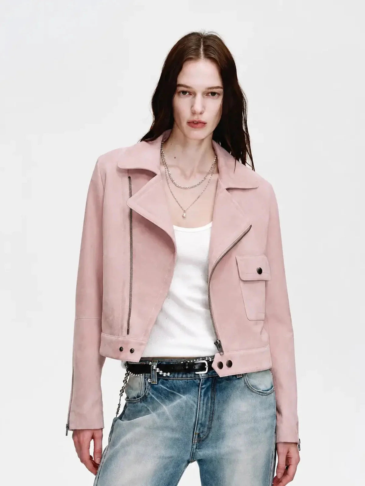 Movie Era suede biker jacket - Pink front view