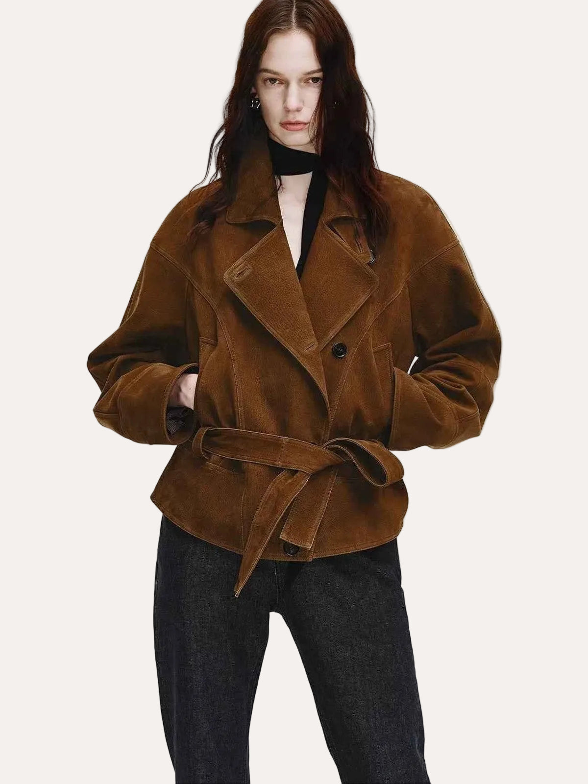 Firelady Fur Women's Waxed Sheepskin Biker Coat - Belted Asymmetric Lapel "Peninsula Black Tea" - variant_title