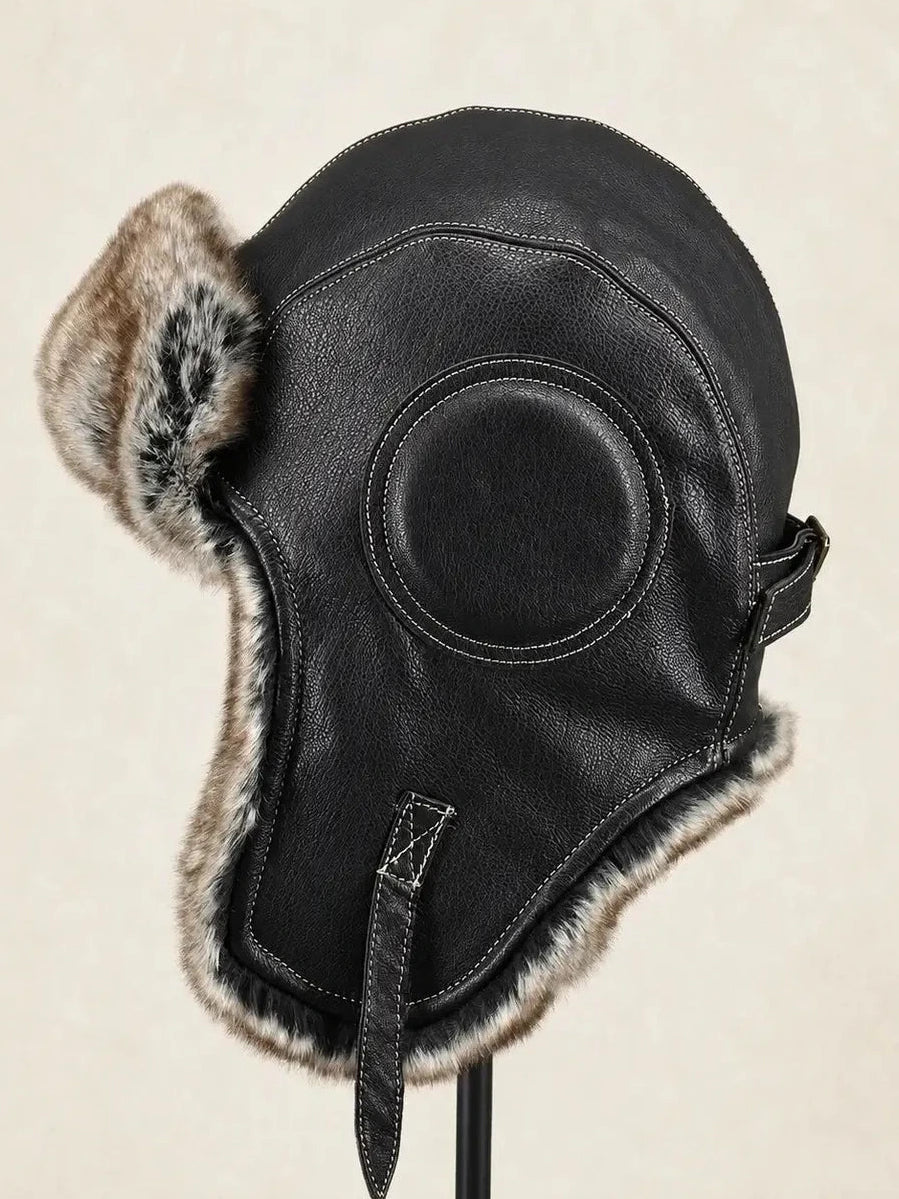 Unisex genuine leather aviator hat with fur lining in Black – product and material detail | Firelady Fur