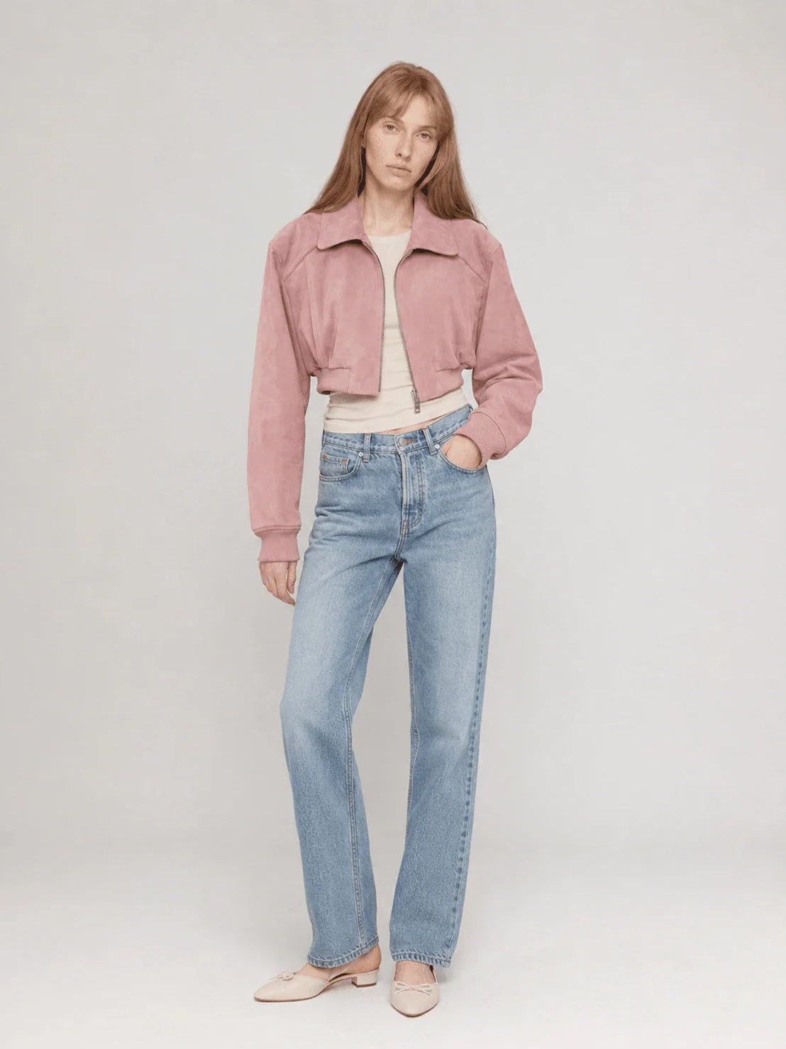 Witch Game leather pink suede jacket full body view