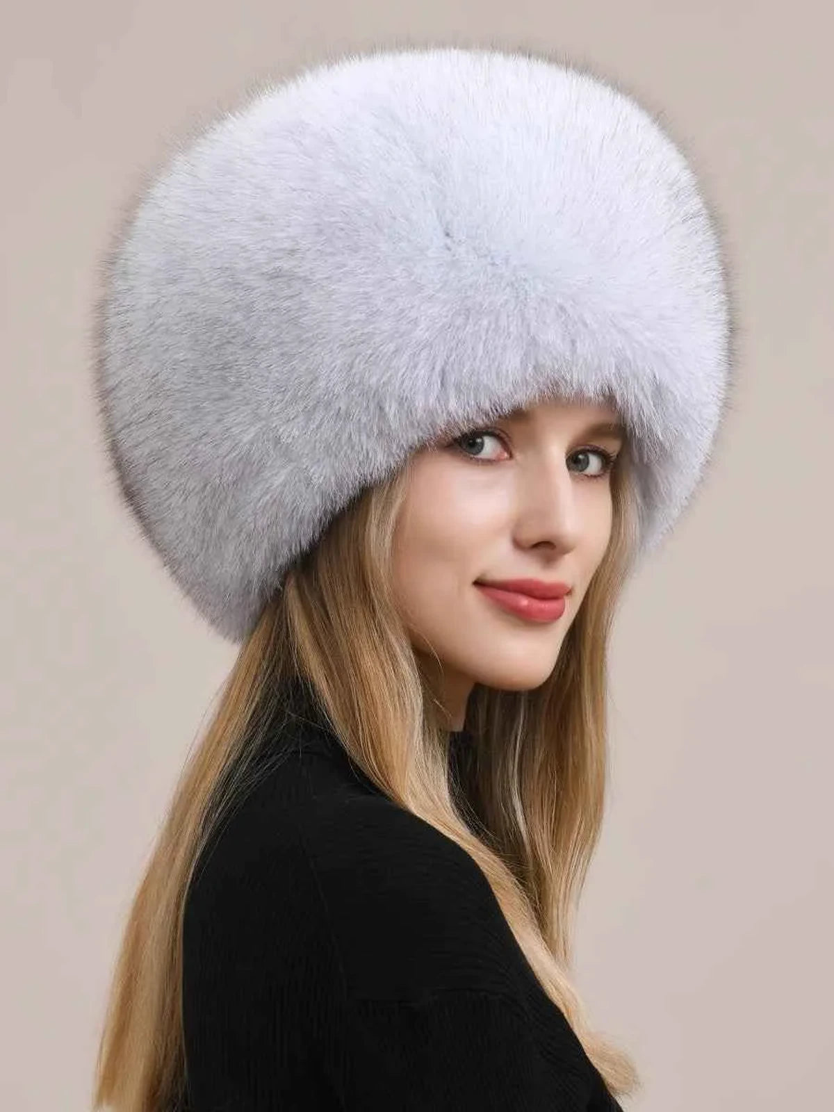 Women's fox fur hat with earmuffs in Blue Fox – styled on model | Firelady Fur