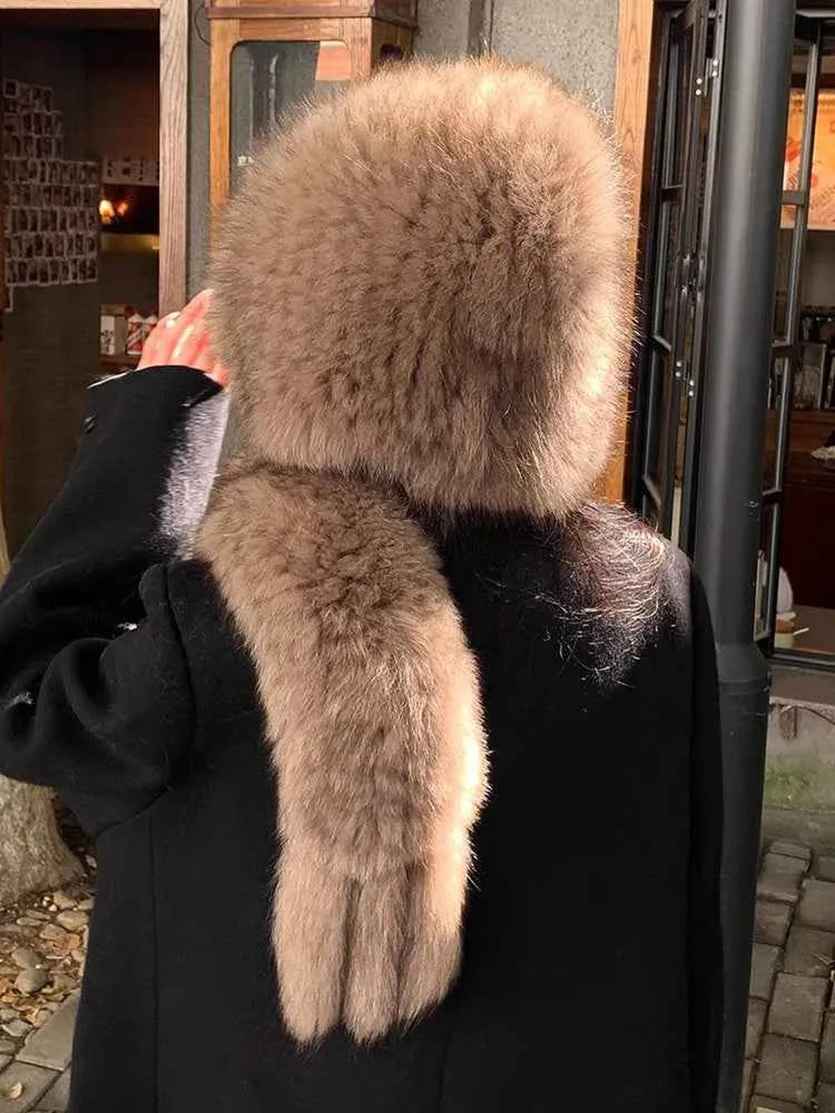 Women's fox fur hooded scarf in Brown – styled on model | Firelady Fur