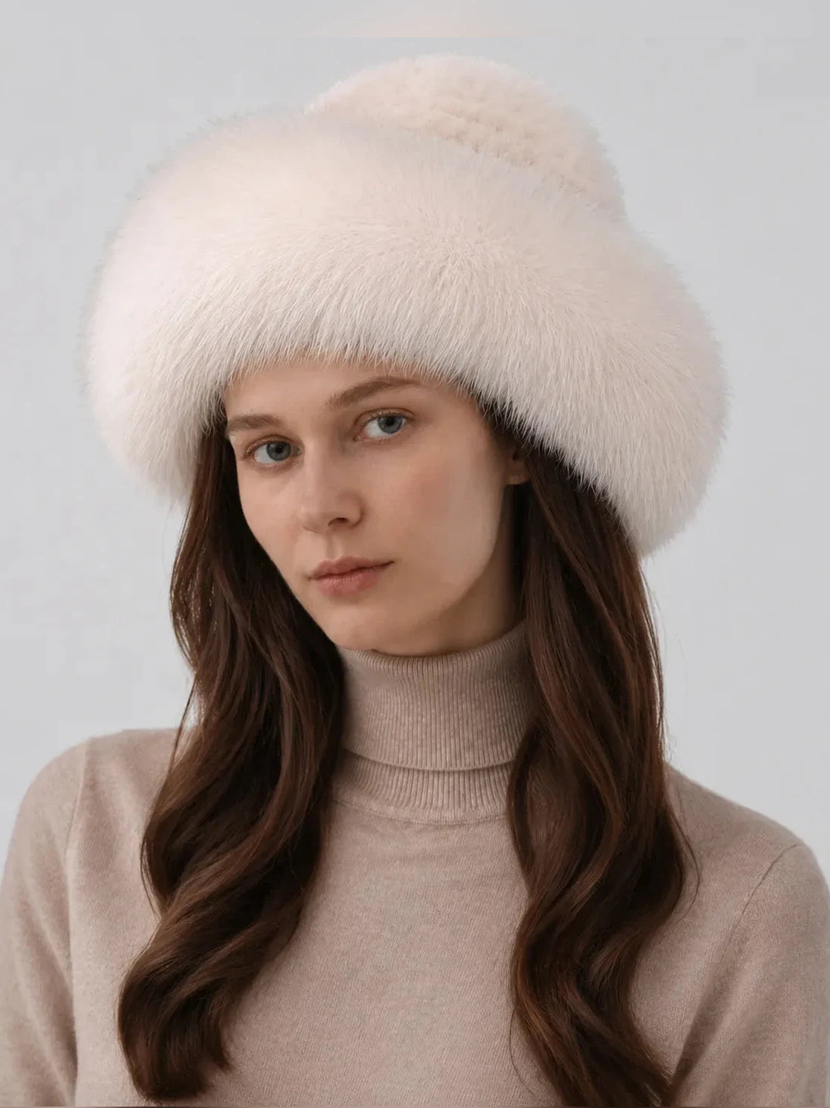Women's mink and fox fur bucket hat in Silver Blue – styled on model | Firelady Fur