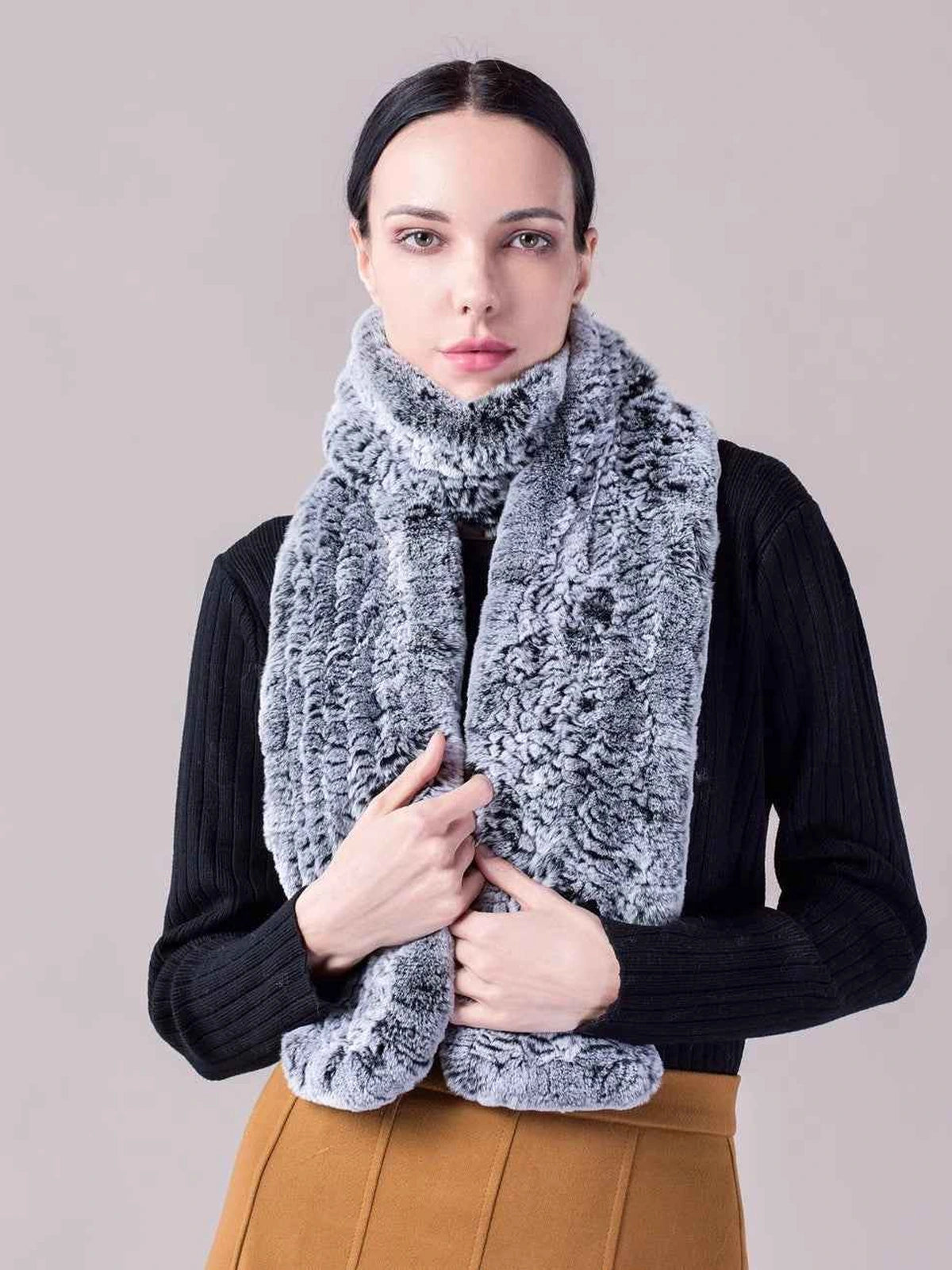 Women's Rex rabbit fur long scarf in Frost Black – styled on model | Firelady Fur
