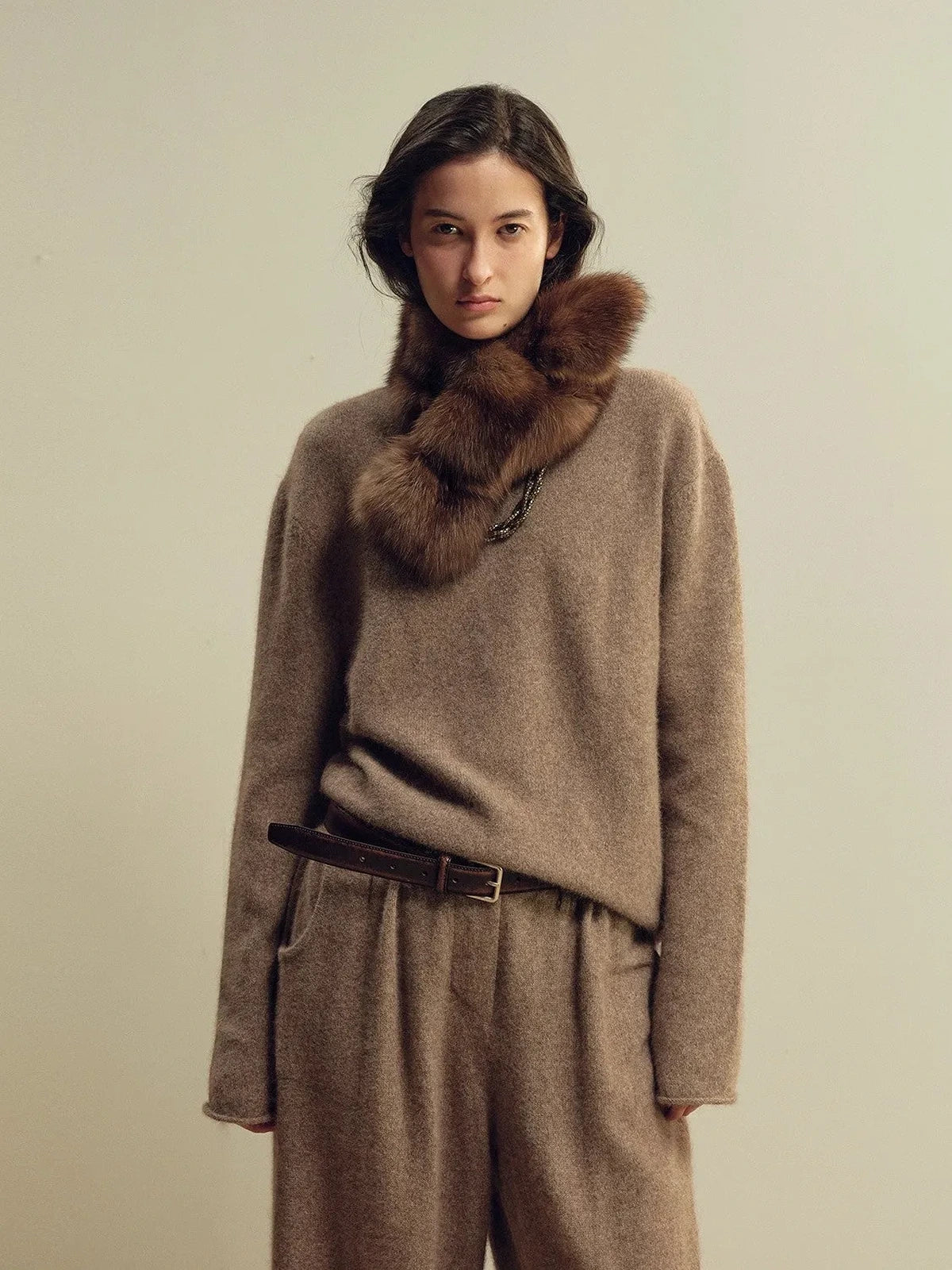 Women's ribbed mink fur scarf in Brown – styled on model | Firelady Fur