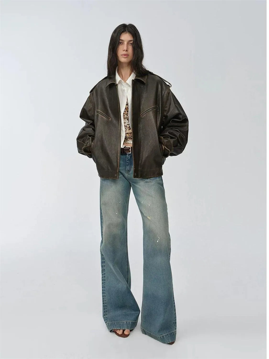 Fireladyfur Women's Two-Way Genuine Leather Jacket with Removable Sleeves"Barn Feelings"