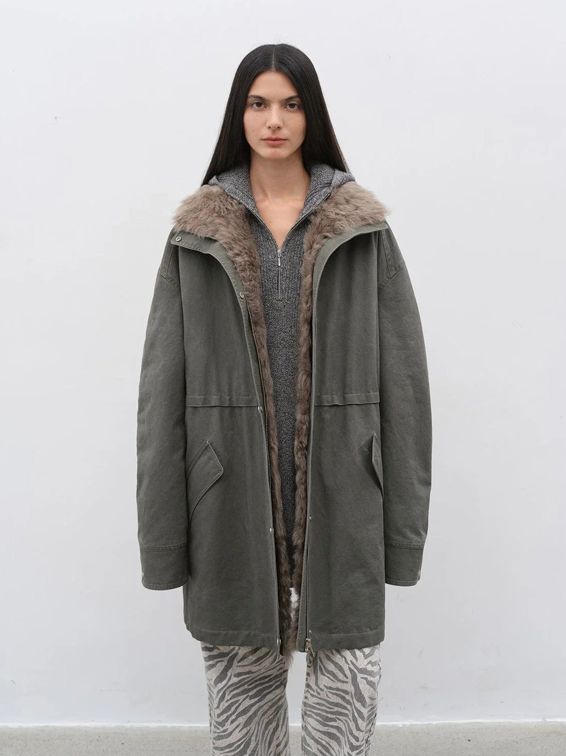 Gray Green Fireladyfur Cool Denim detachable goose down parka front model view
