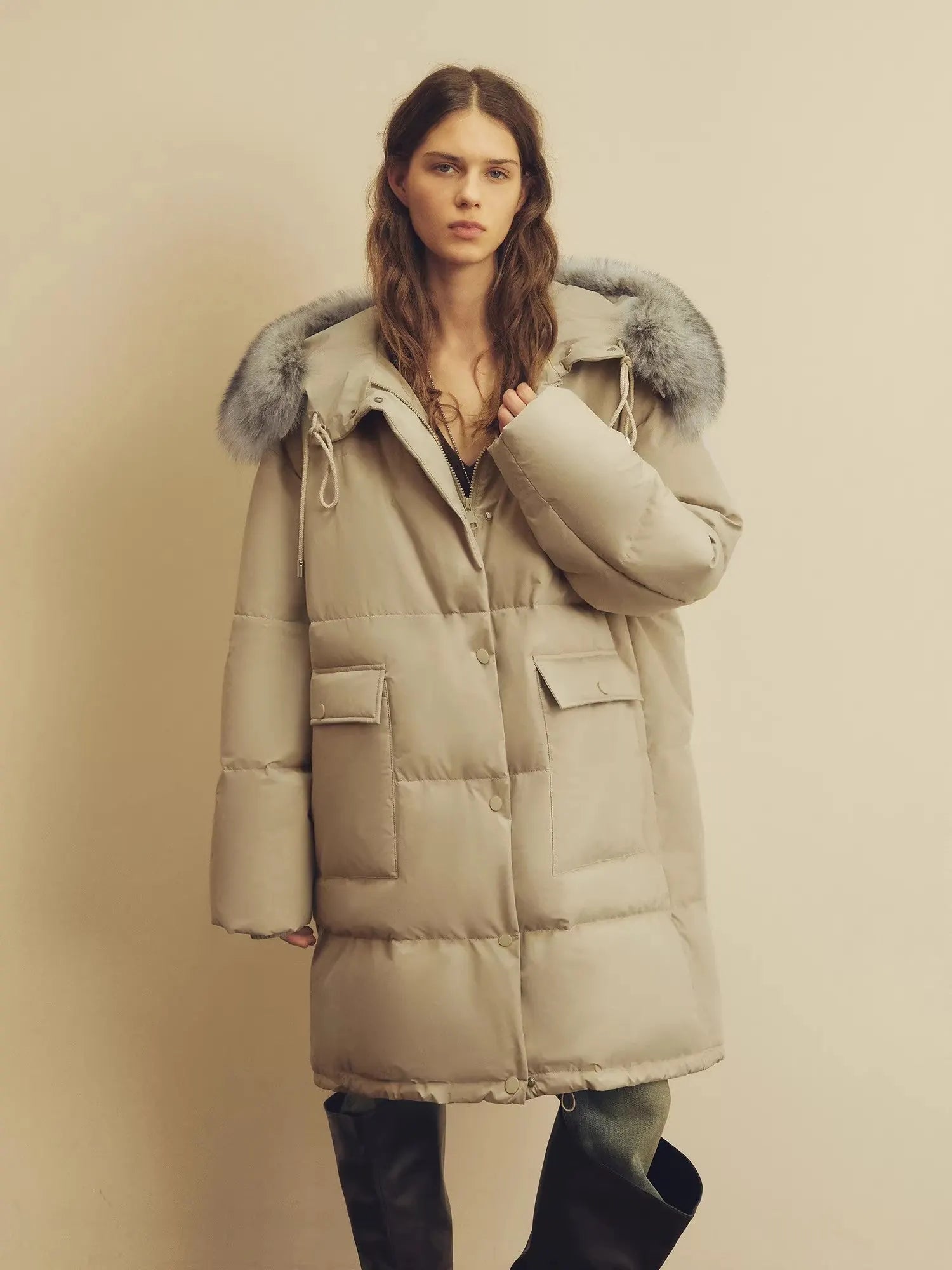 Firelady Fur Blue Winter Style light apricot women's down parka showing detachable fox fur collar detail on model