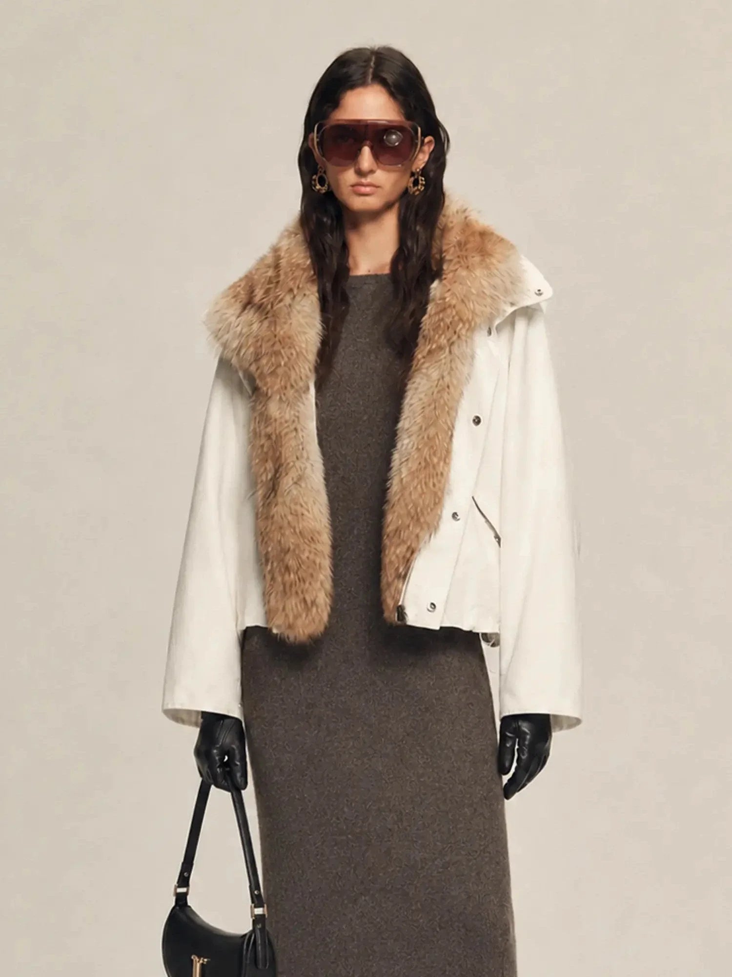 Firelady Fur Epoch Winter white parka with coyote raccoon Tokay fur trim front model view