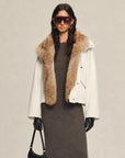 Firelady Fur Epoch Winter white parka with coyote raccoon Tokay fur trim front model view