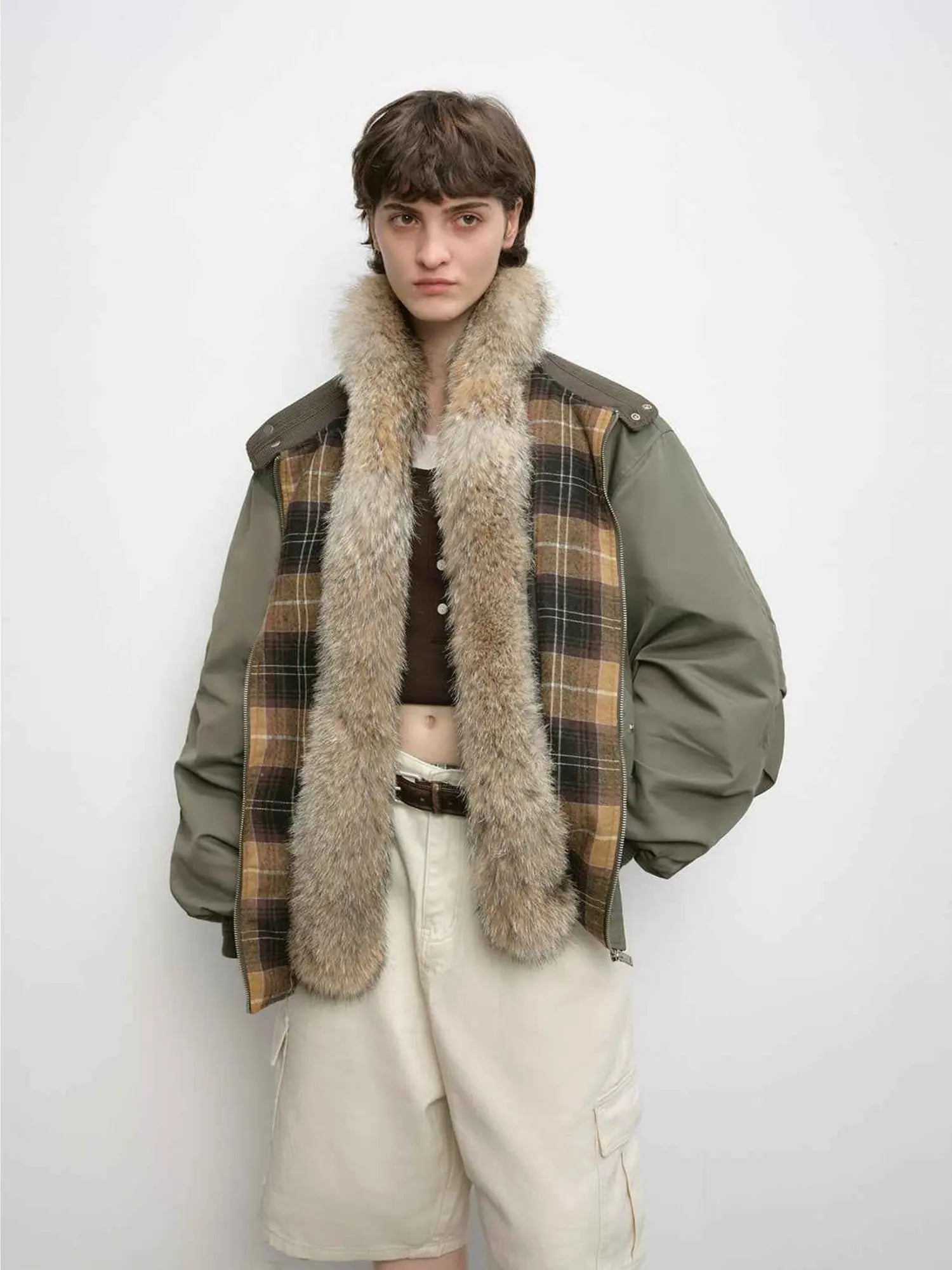 Model wearing Firelady Fur Urban Warmth women's Grayish green detachable wolf fur collar parka front view
