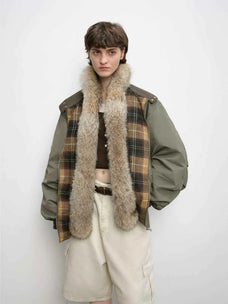 Model wearing Firelady Fur Urban Warmth women's Grayish green detachable wolf fur collar parka front view