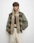 Model wearing Firelady Fur Urban Warmth women's Grayish green detachable wolf fur collar parka front view