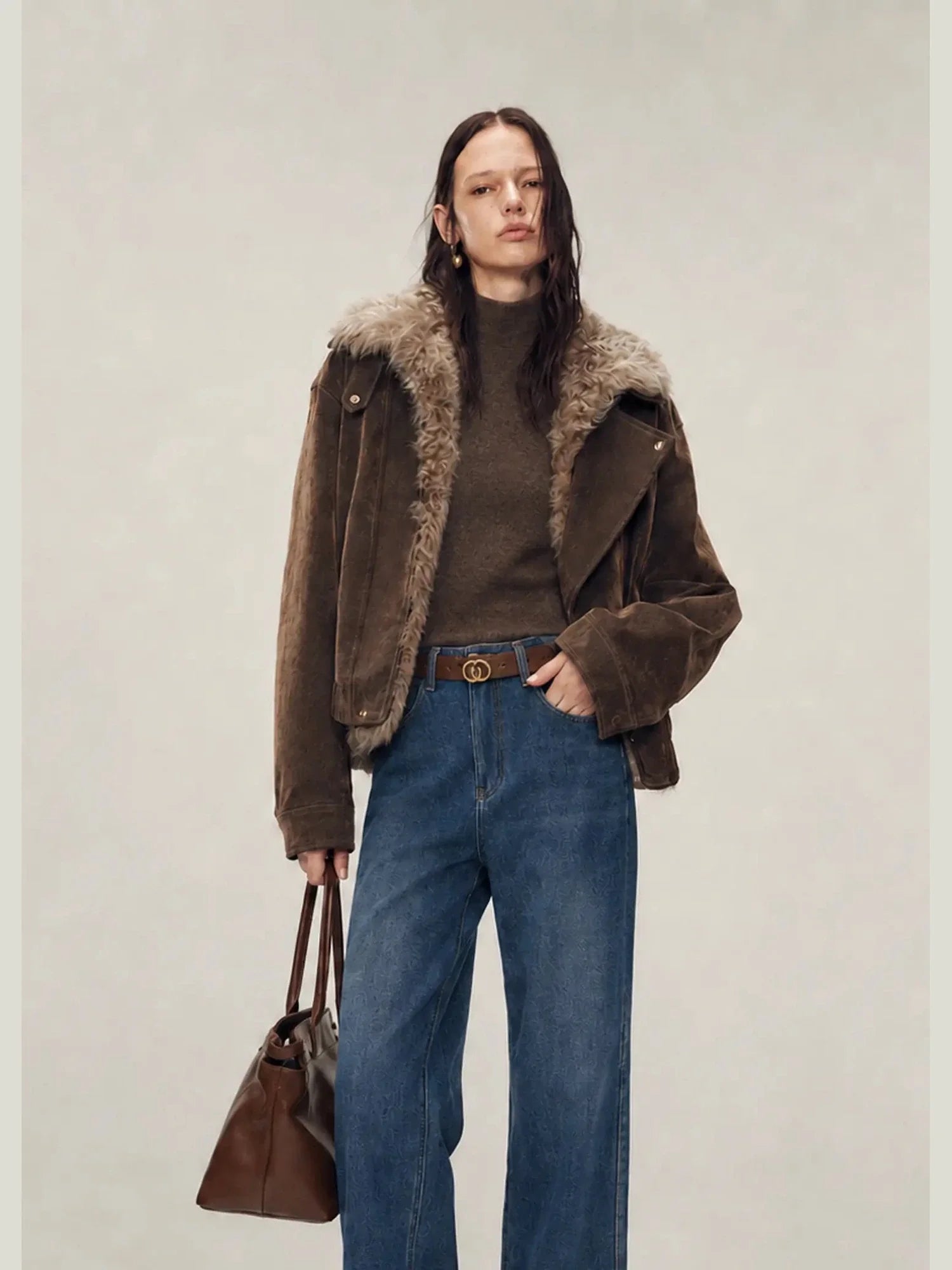 Firelady Fur Wander Free chestnut brown denim parka with 90% white goose down front model view