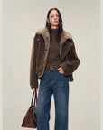 Firelady Fur Wander Free chestnut brown denim parka with 90% white goose down front model view