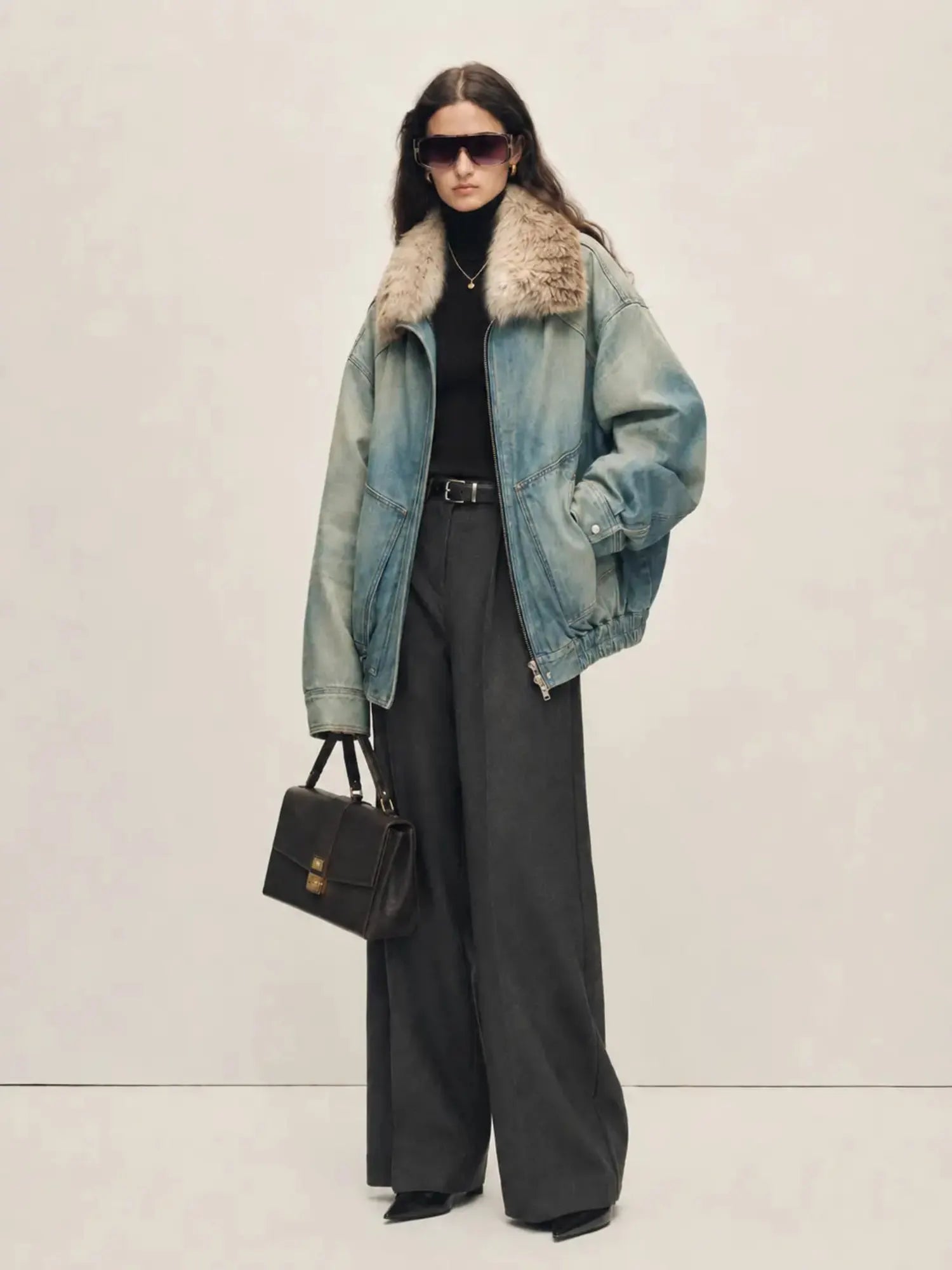 Firelady Fur Warm Mist Glass women's Blue denim parka styled full-length with SAGAFURS fox fur collar