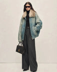 Firelady Fur Warm Mist Glass women's Blue denim parka styled full-length with SAGAFURS fox fur collar