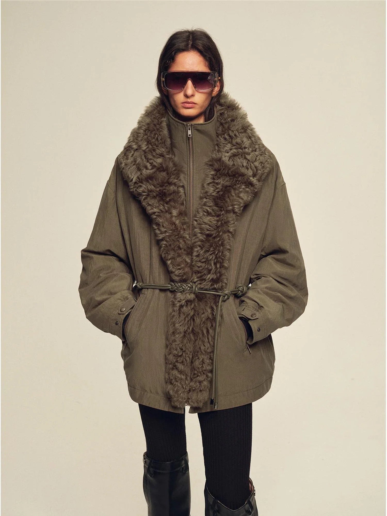 Firelady Fur The Wizard of Oz gray green parka jacket with detachable Toscana shearling lining front model view