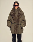 Firelady Fur The Wizard of Oz gray green parka jacket with detachable Toscana shearling lining front model view