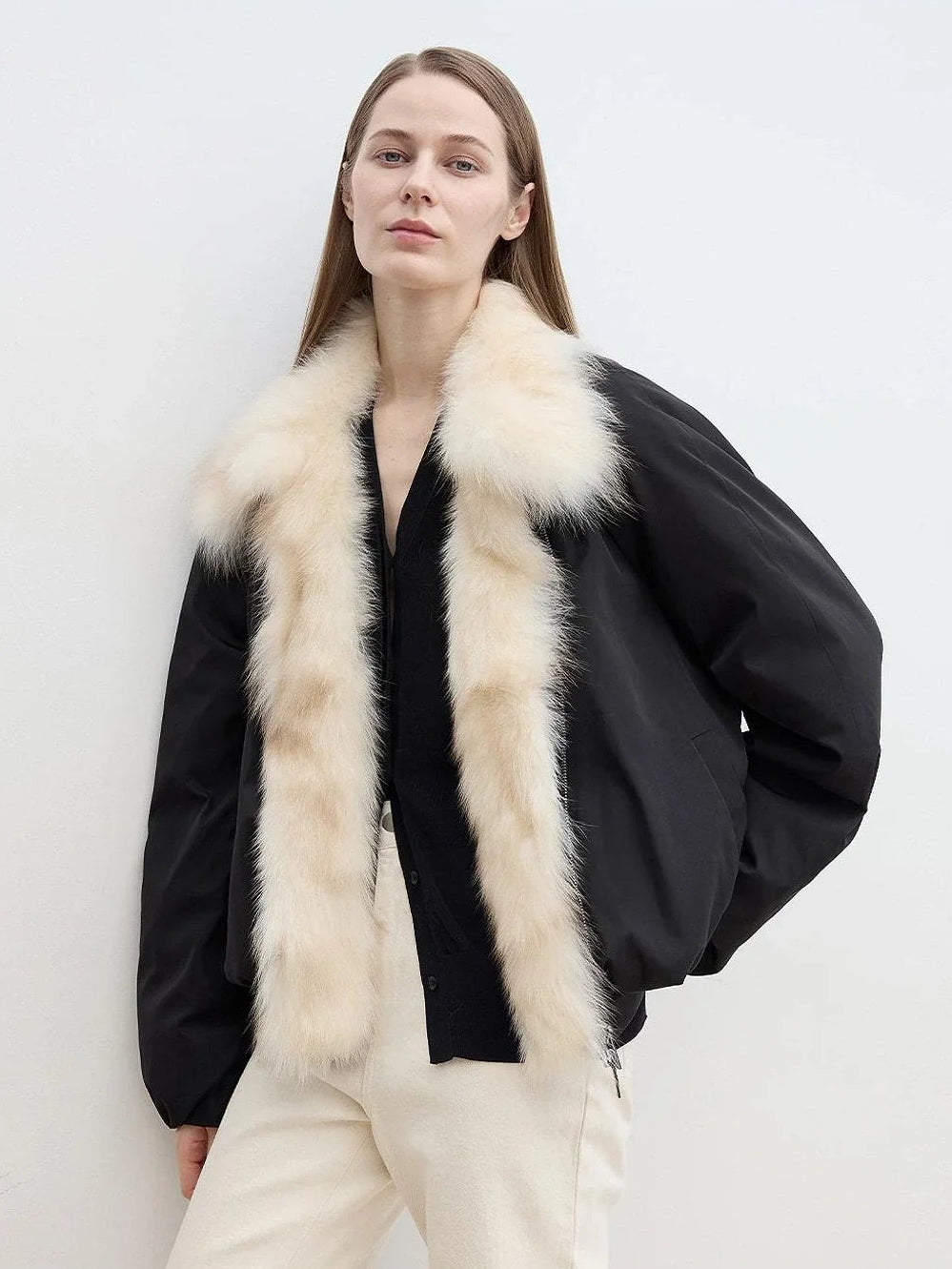 Model wearing Fireladyfur Day and Night Rider black detachable fox fur collar down jacket