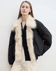 Model wearing Fireladyfur Day and Night Rider black detachable fox fur collar down jacket