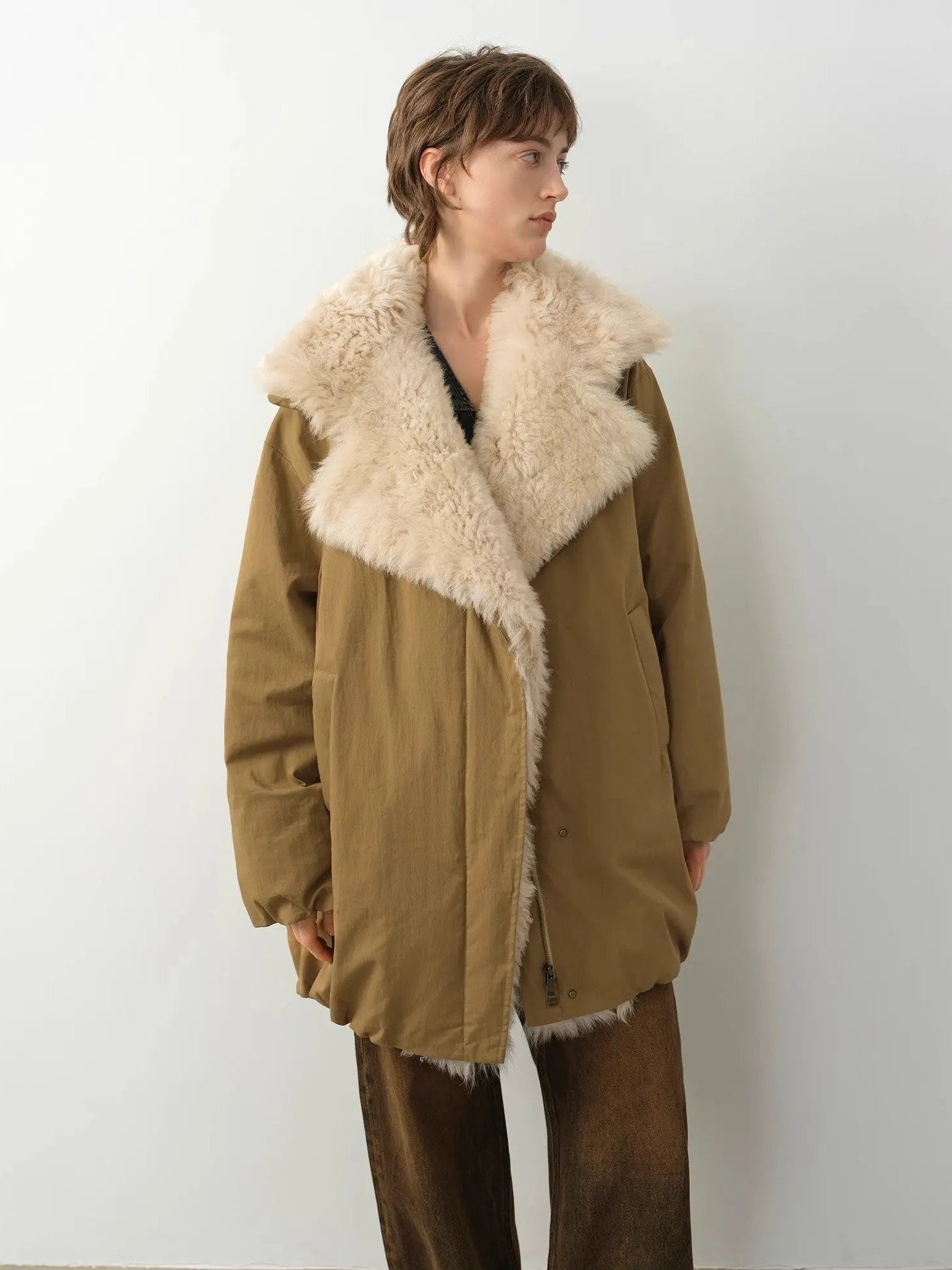 Fireladyfur Modern Introduction women's Khaki Sheepskin Tuscan wool collar parka side view on model