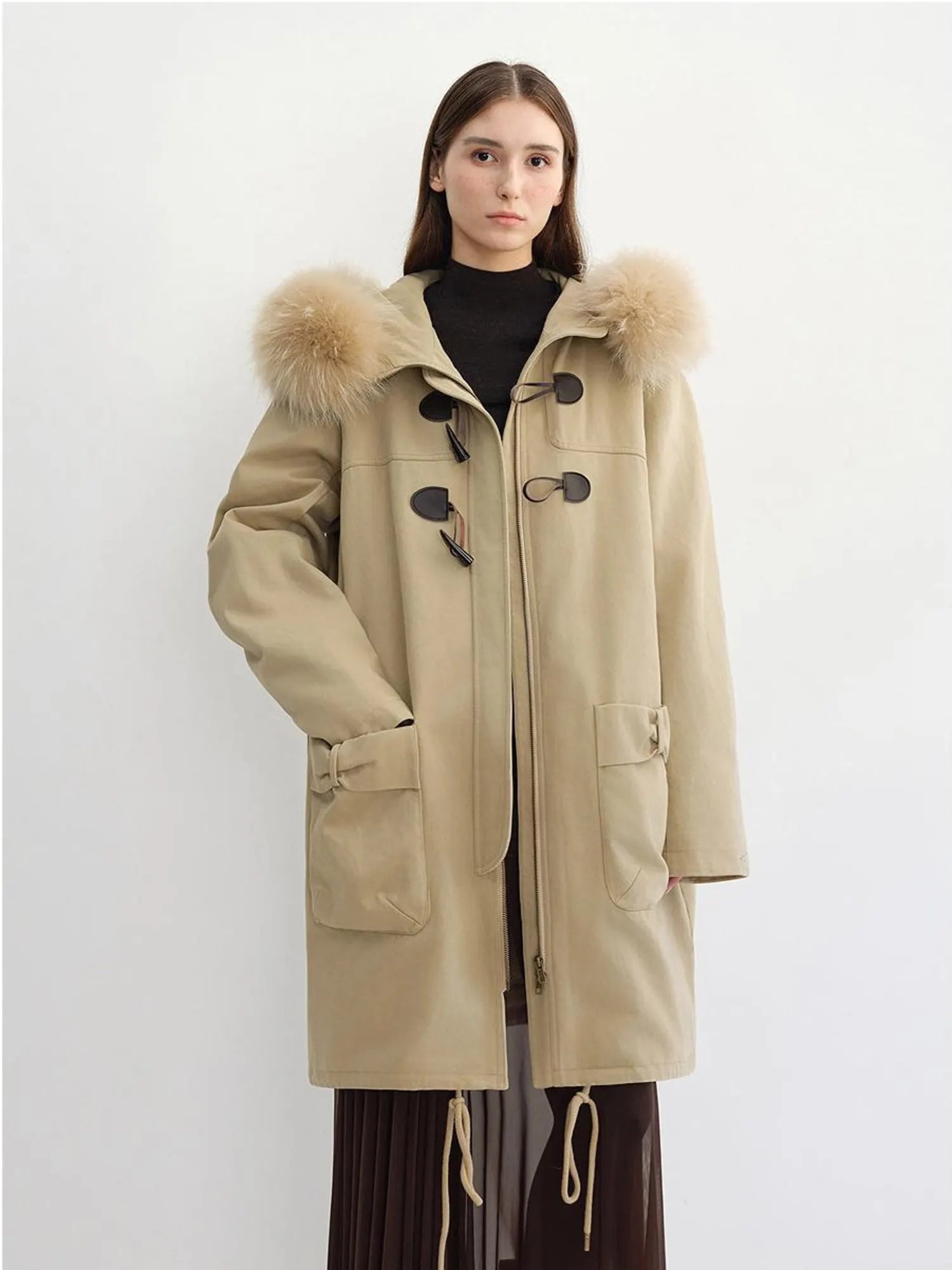 Letrans Muye Kingdom khaki long down parka with detachable raccoon fur collar front model view