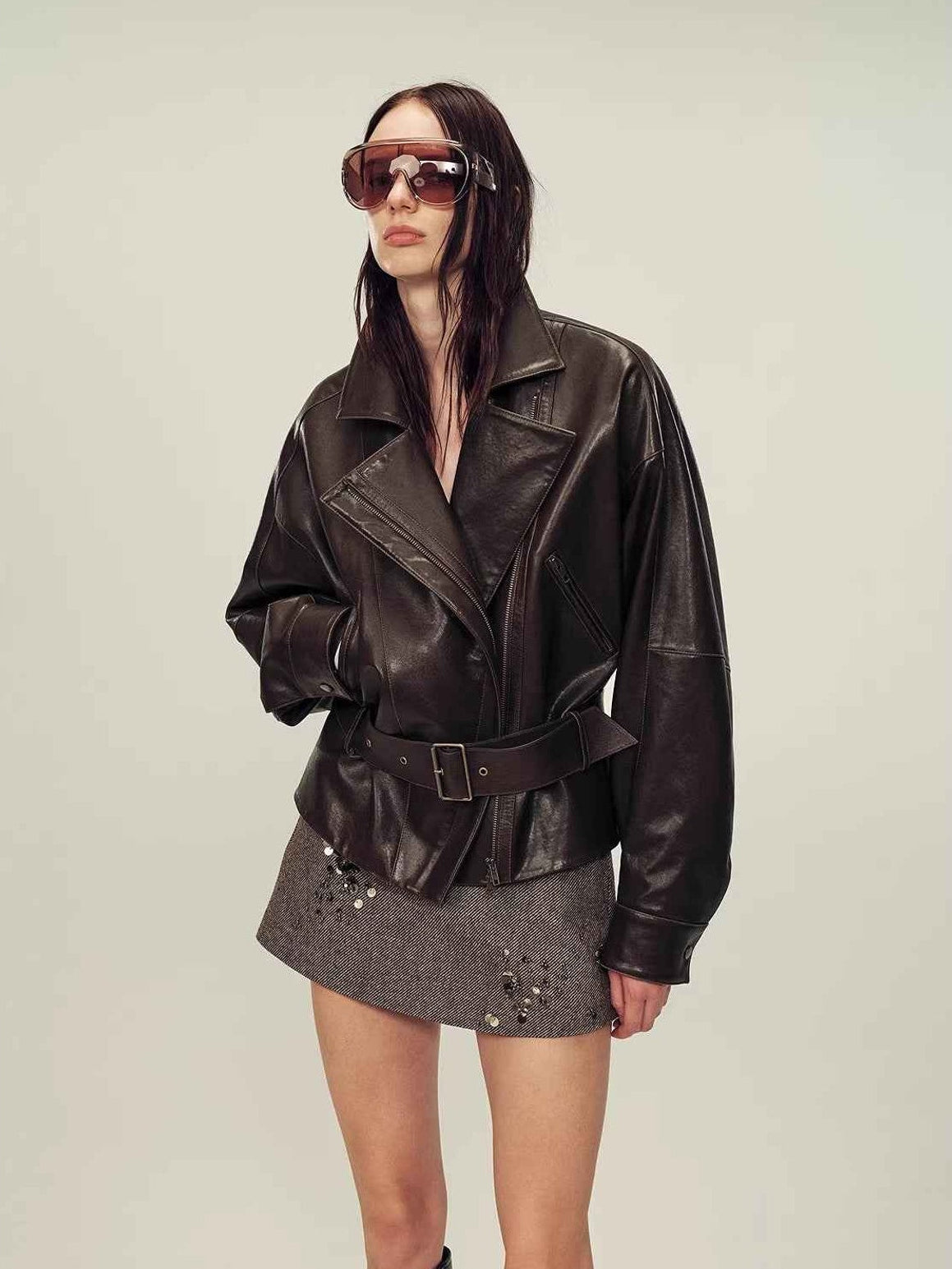 Firelady Fur Women's Two - Tone Waxed Sheepskin Leather Jacket - Belted Lapel Short Coat "Modern Queen" - variant_title
