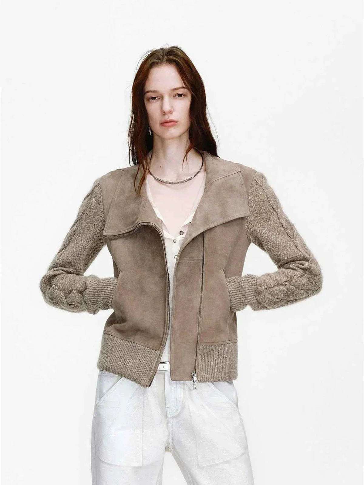 Nishino Twilight Italian sheepskin jacket - Pinkish Gray front view