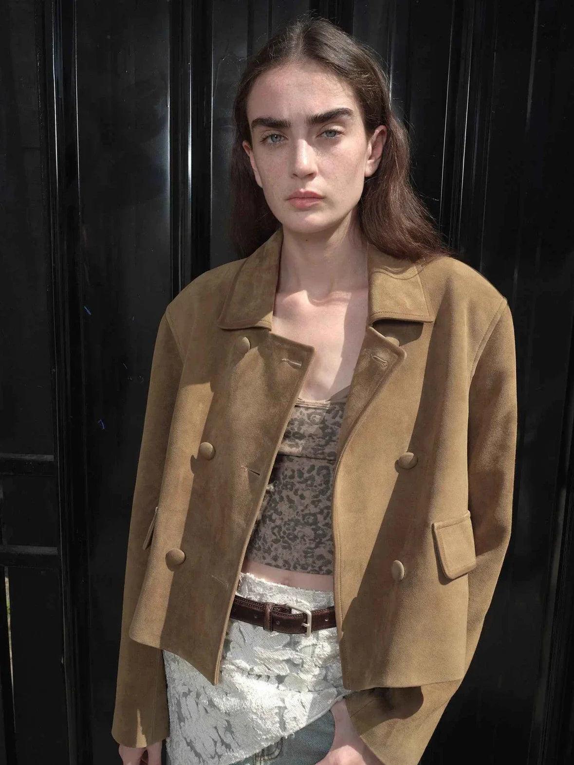 Nth power sand brown suede leather jacket close styling